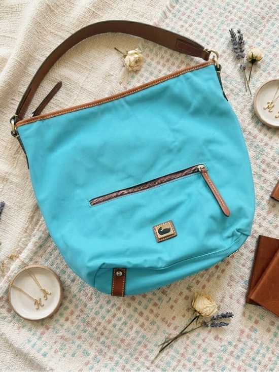 Dooney & Bourke Handbags - Dooney & Bourke Wayfarer Aqua Nylon Shoulder Hobo with Brown Leather Trim